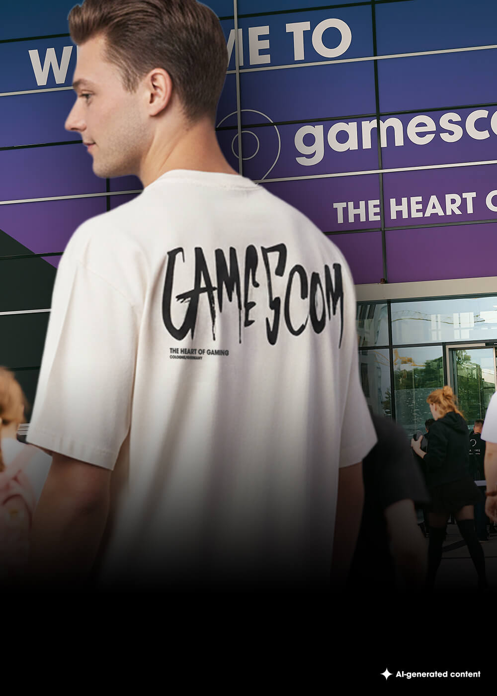 ein Mann steht mit dem neuen CORE COLLECTION T-Shirt vor dem gamescom Messeeingang